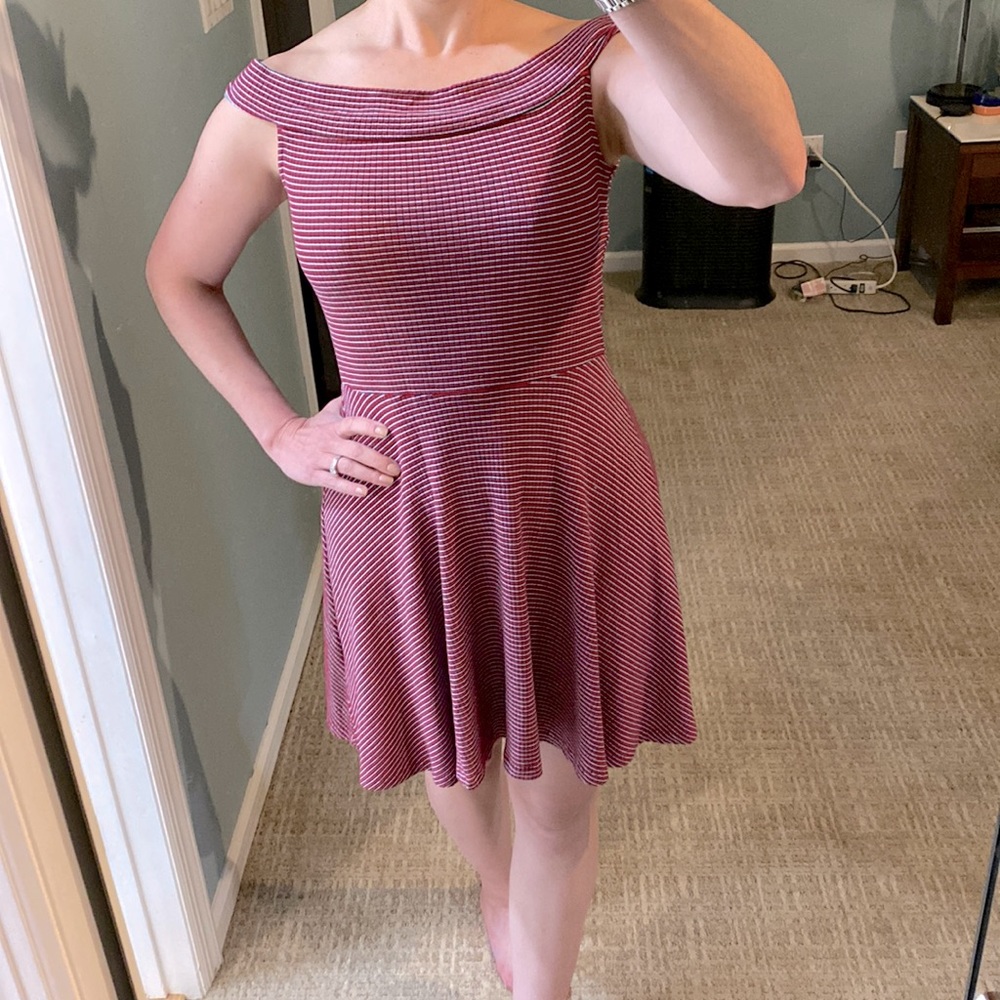 Off-Shoulder Striped Fit & Flare Dress in Red & Blue